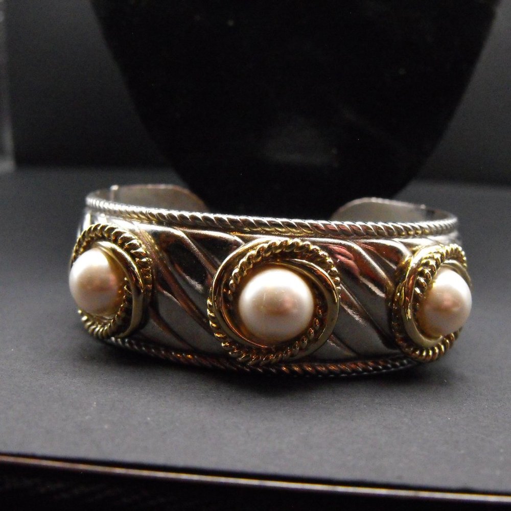 Silver Tone and Faux Pearl Bracelet - Stamped MX - Cuff Bracelet